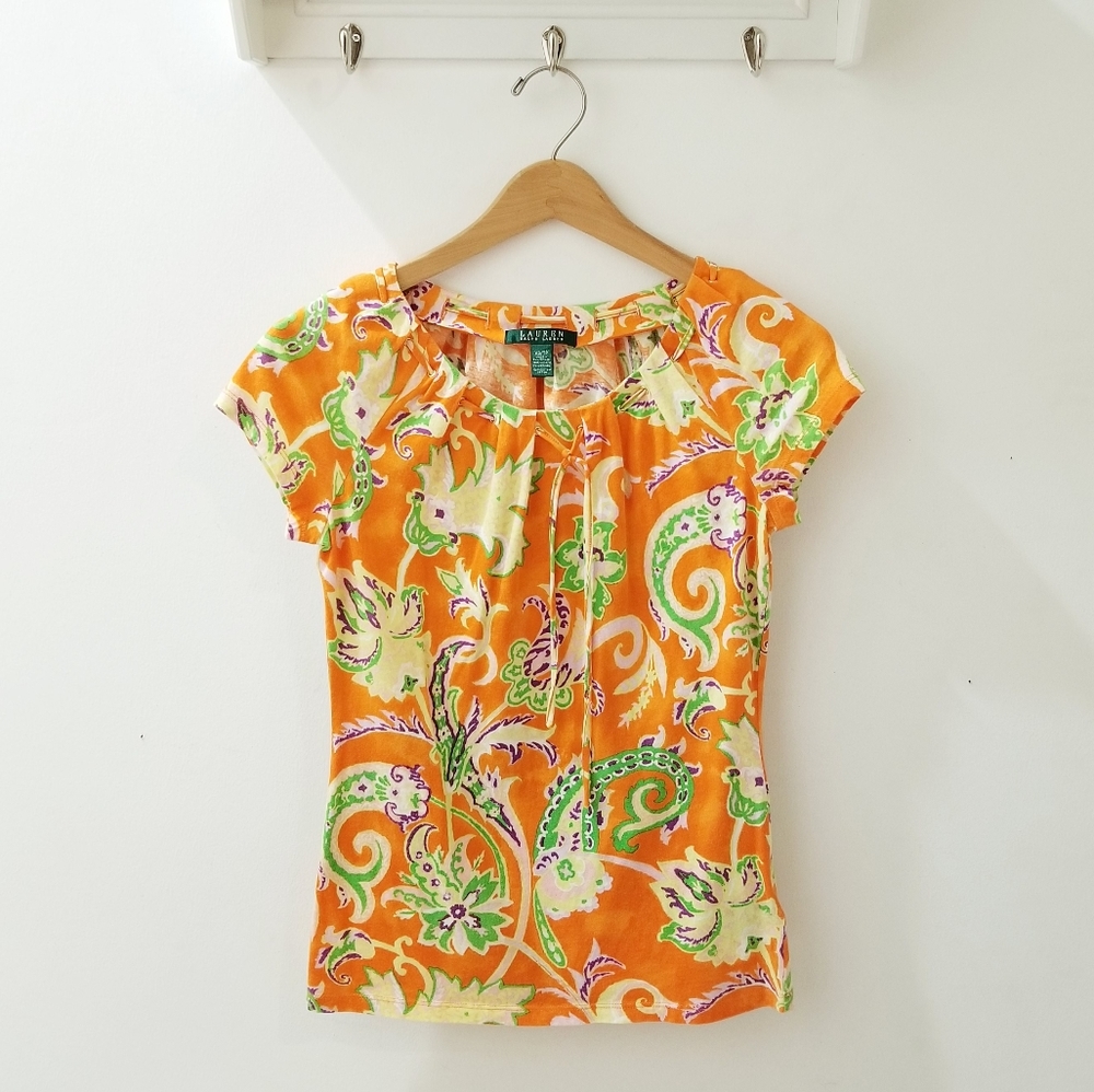Lauren Ralph Lauren Cap Sleeve Cotton Top Orange Tropical Paisley Sz XS-S - Picture 13 of 14